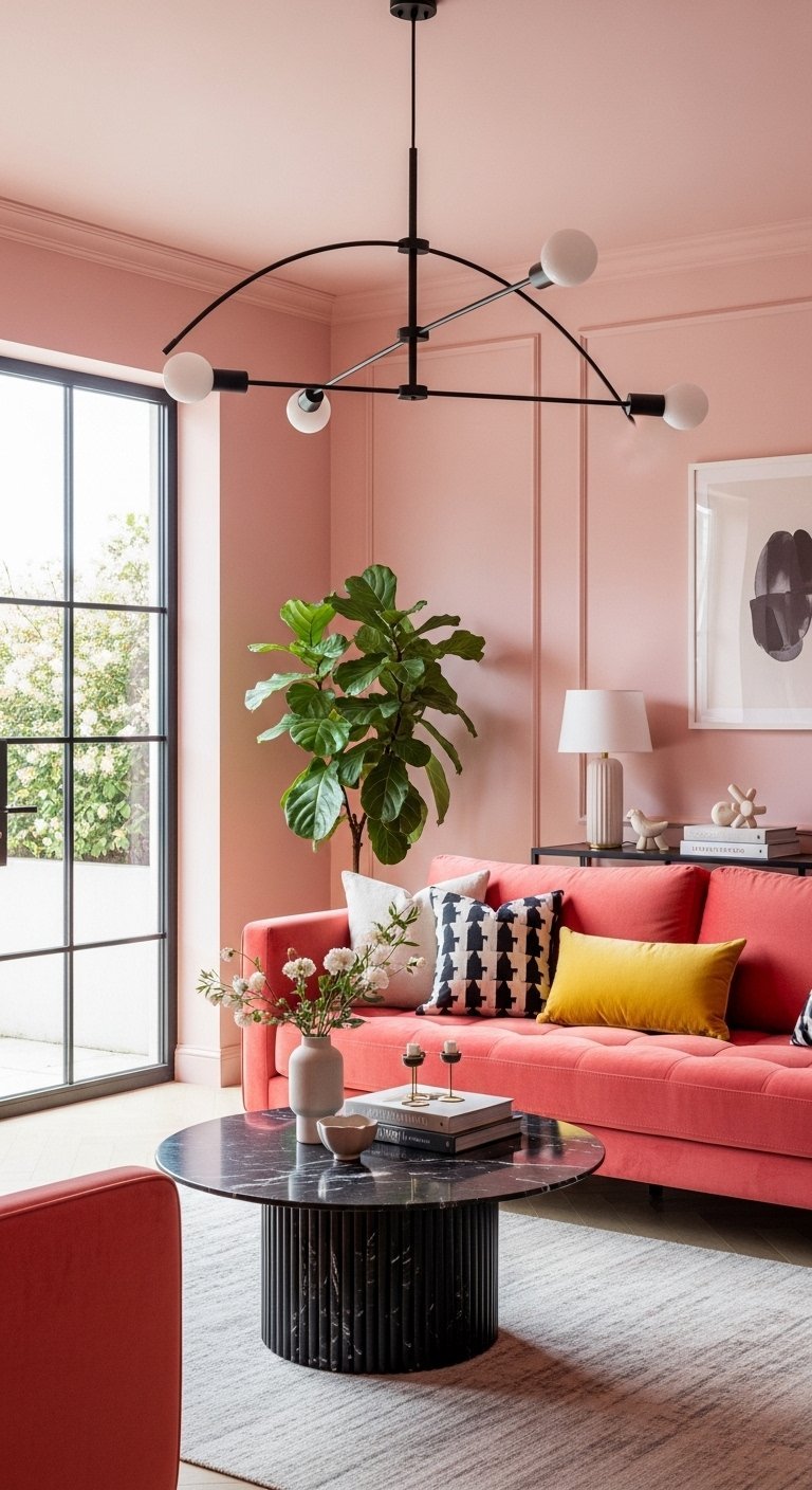 Salon contemporain avec murs roses poudres et canape corail