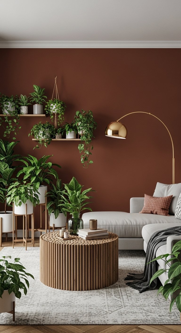 Salon jungle urbaine avec mur terracotta fonce canape gris et nombreuses plantes vertes