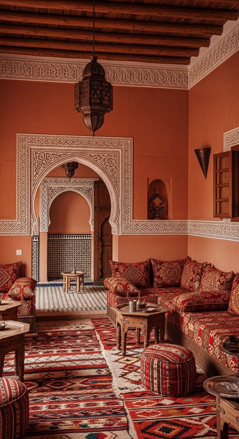 Salon marocain traditionnel avec murs ocre et arche en plâtre sculpté