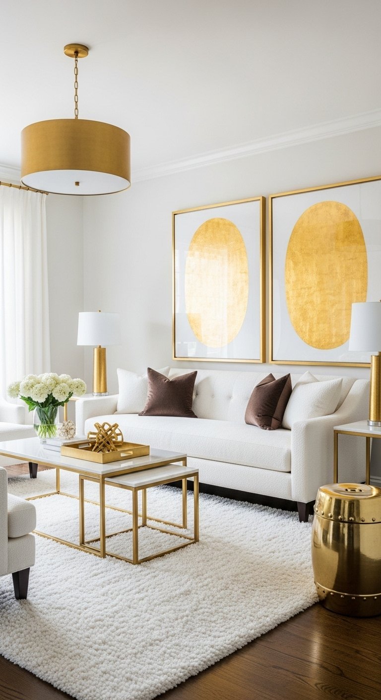 Salon minimaliste blanc et or avec deux grands tableaux abstraits dores