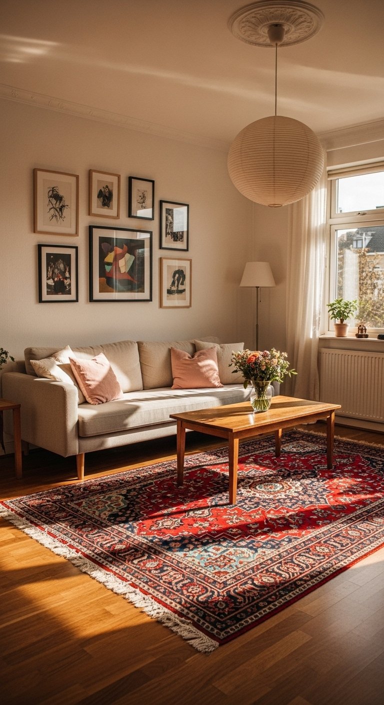 Salon moderne et ensoleillé avec un tapis persan rouge et un canapé beige.