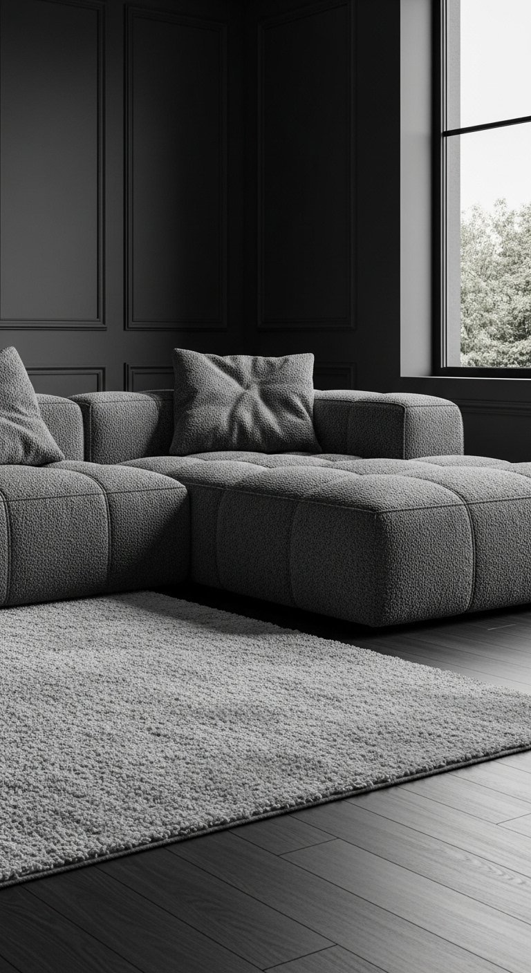 Tapis gris à poils longs dans un salon sombre avec un canapé modulaire gris