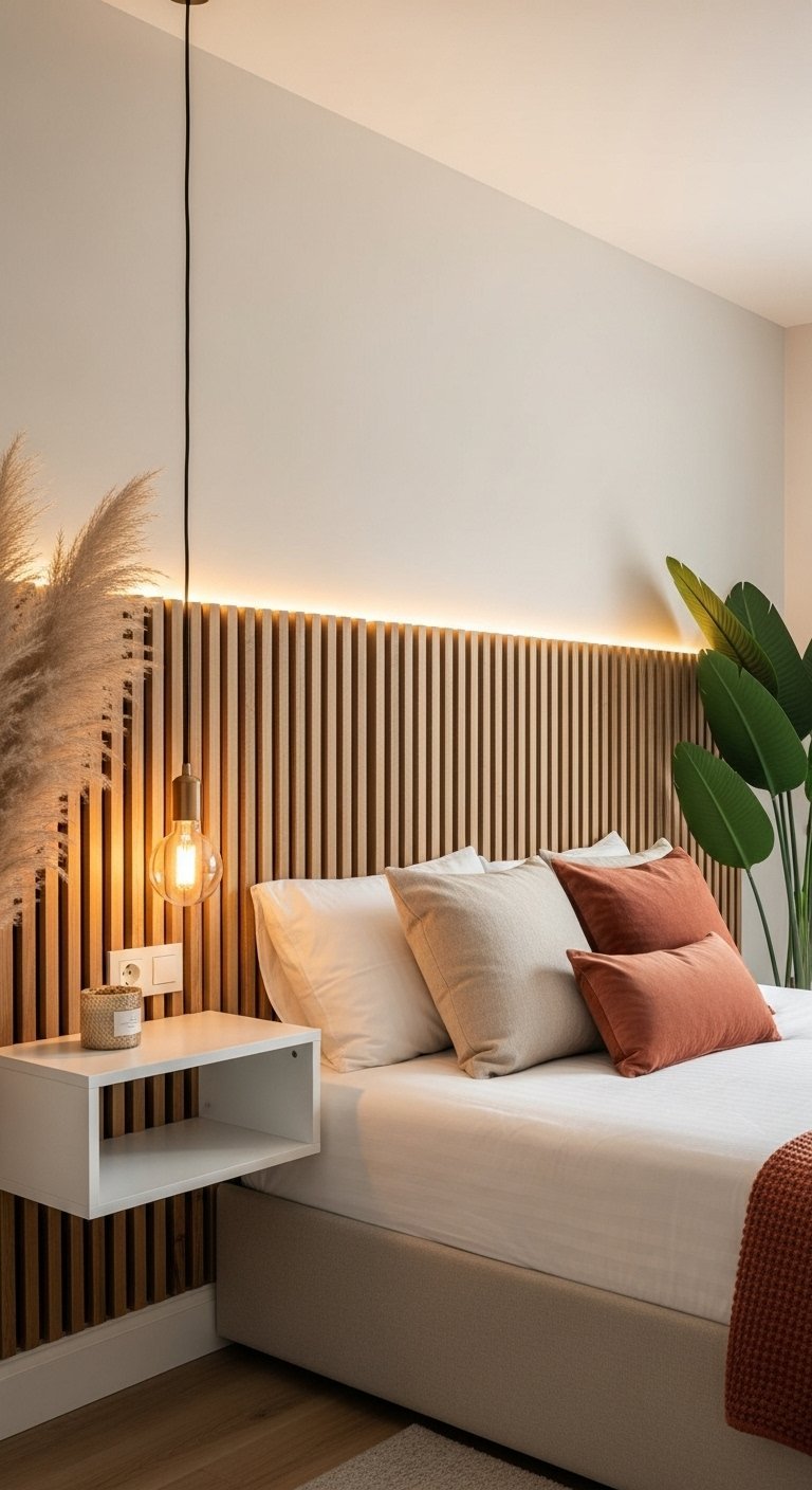 Tete de lit en tasseaux de bois verticaux avec un eclairage LED integre