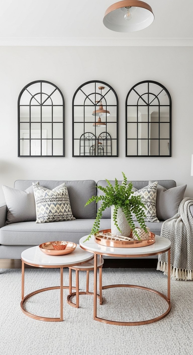 Trio de miroirs noirs en forme de fenêtre cintrée au dessus d un canapé gris