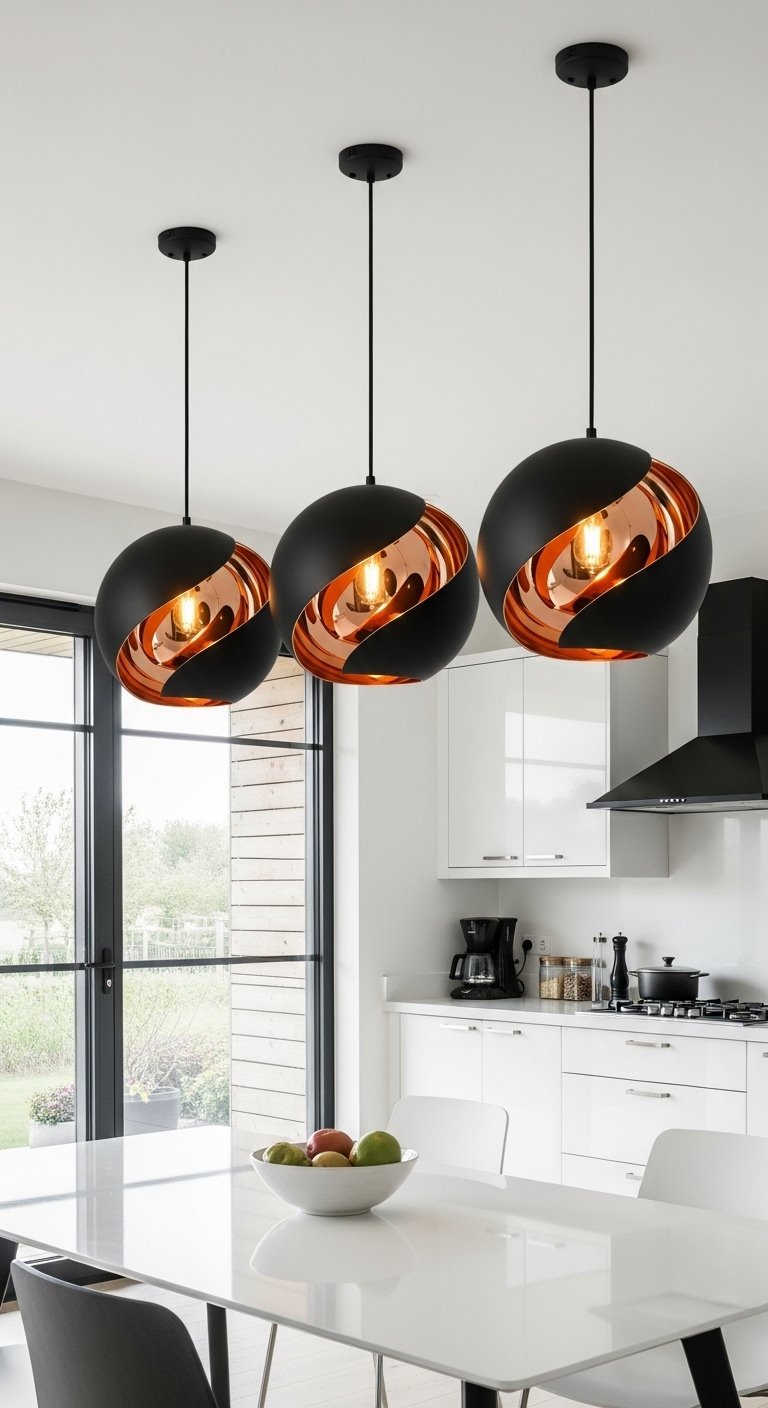 Trio de suspensions sphériques noires avec intérieur cuivré
