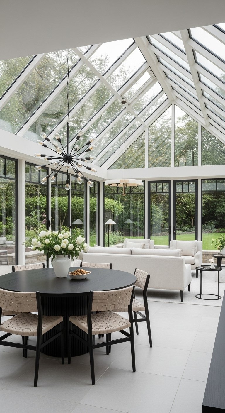 Véranda avec haut plafond en verre et lustre design noir