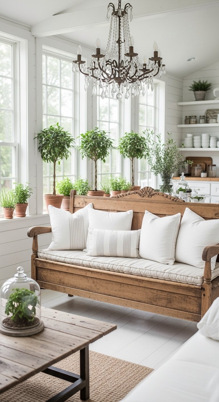 Veranda campagne chic avec banc en bois ancien et lustre a pampilles
