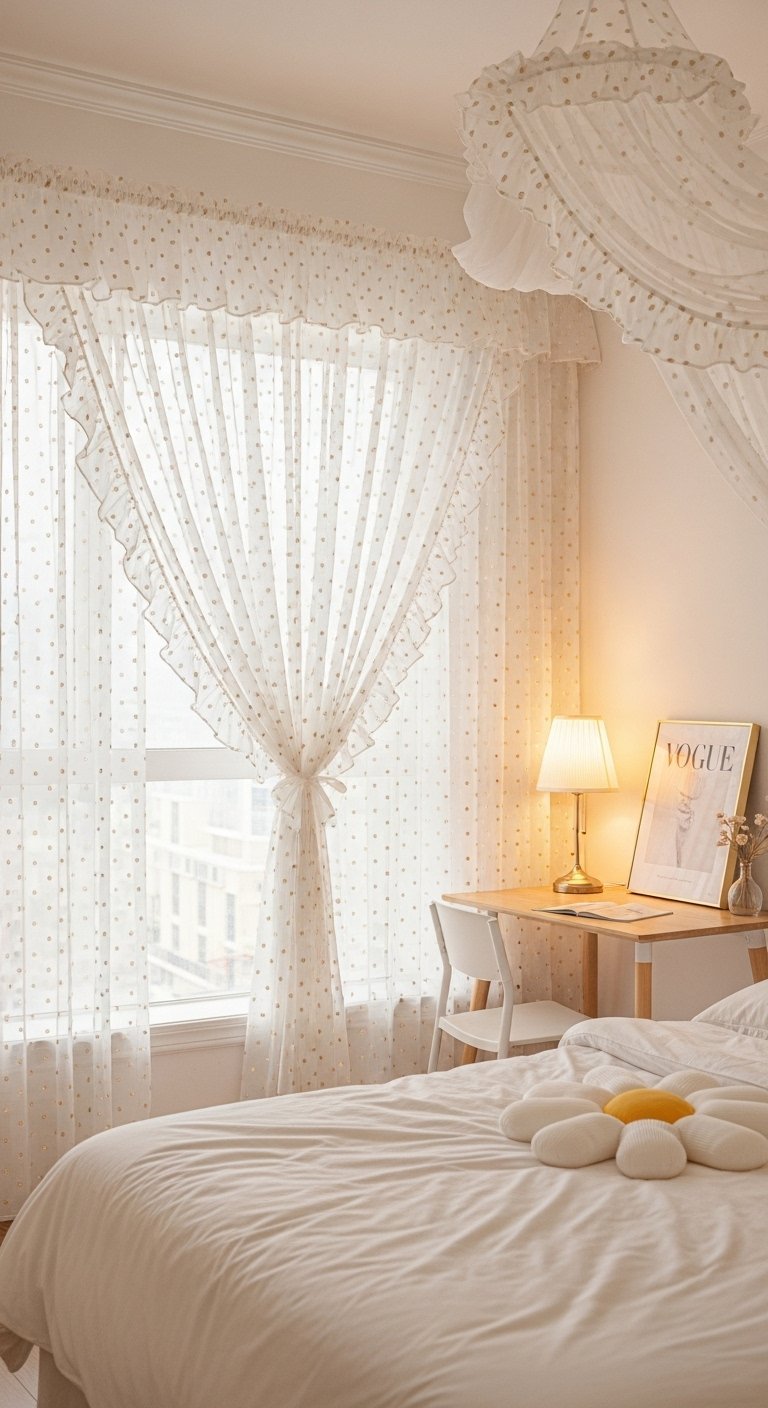 Voilage blanc a pois dores avec des volants dans une chambre claire