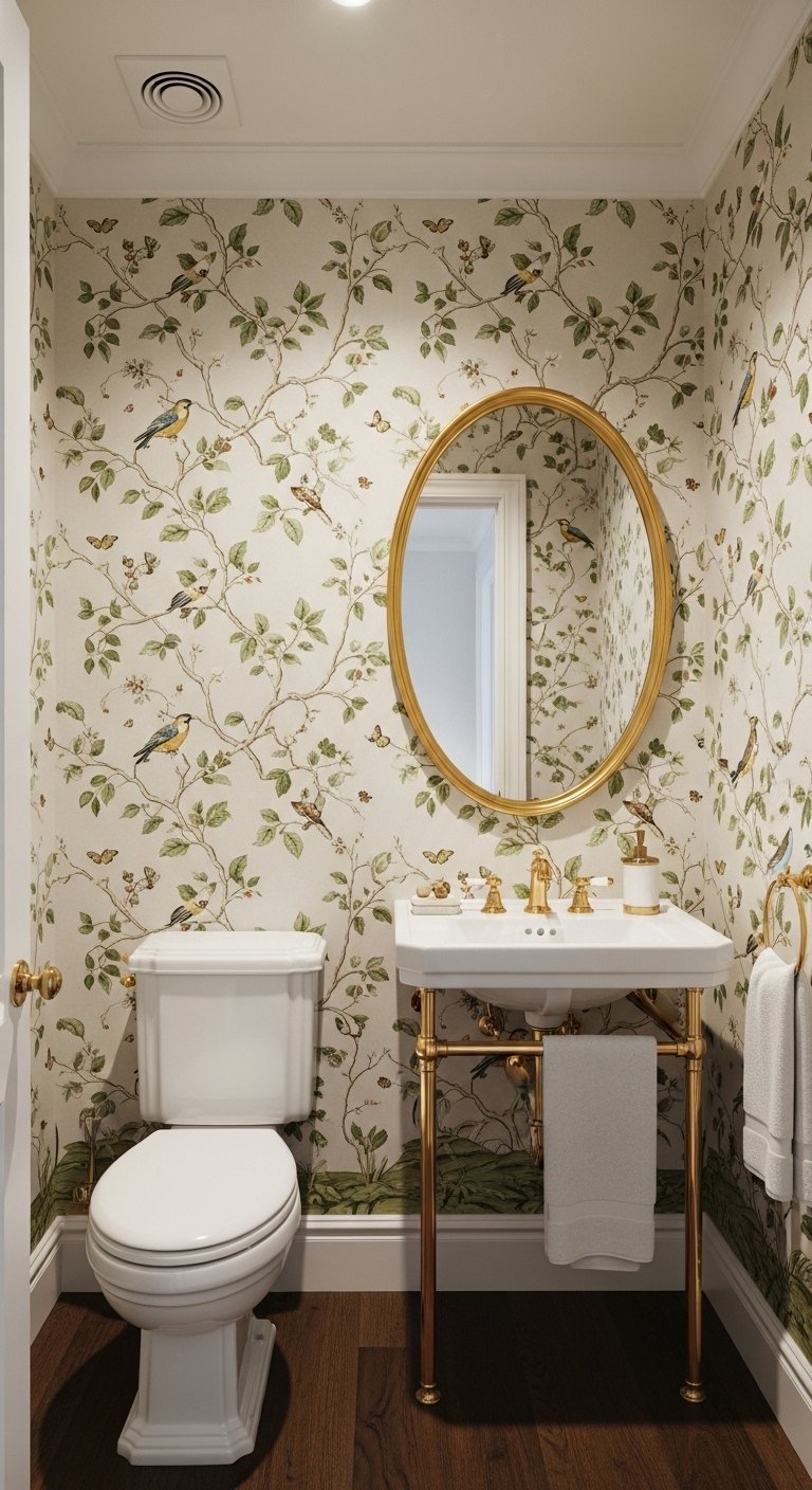 WC élégant avec papier peint panoramique à motifs oiseaux et lavabo sur pieds dorés