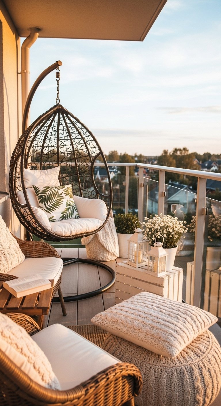 Aménagement de balcon bohème avec un fauteuil oeuf suspendu et vue sur la campagne