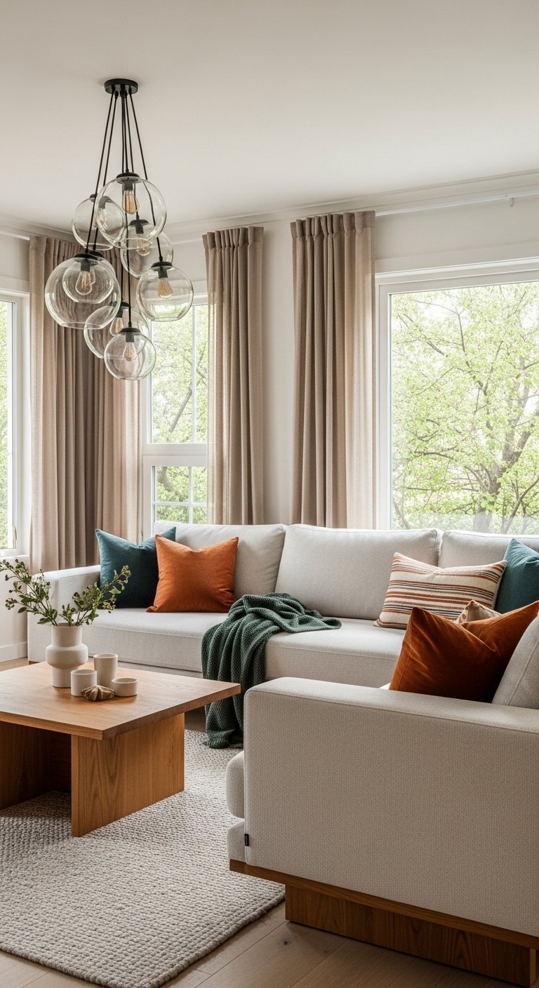 Canapé d angle gris clair avec des coussins colorés sous un lustre en verre