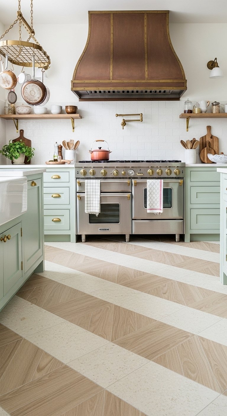 Carrelage de sol bicolore imitation bois et terrazzo pose en chevron