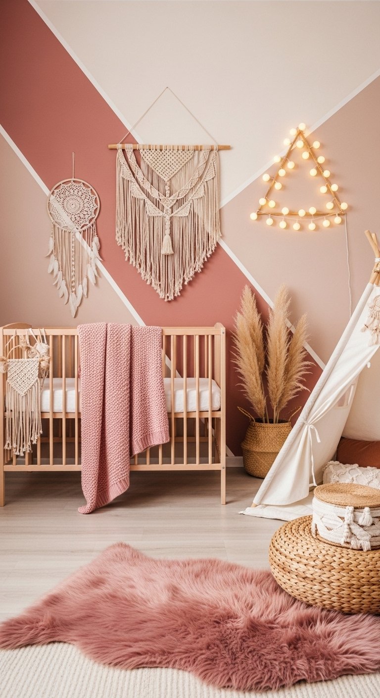 Chambre bebe boheme avec mur geometrique rose et lit en bois