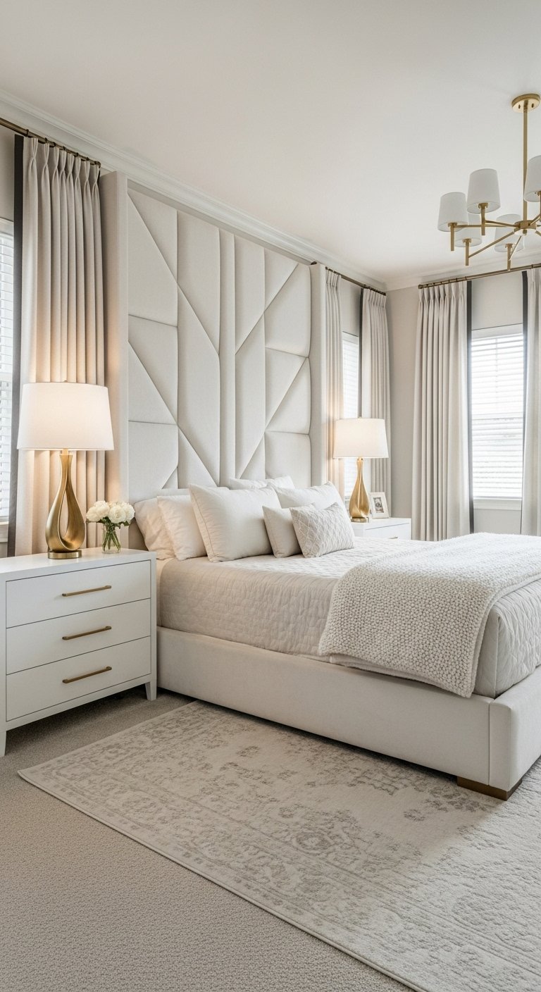 Chambre blanche élégante avec tête de lit géométrique capitonnée