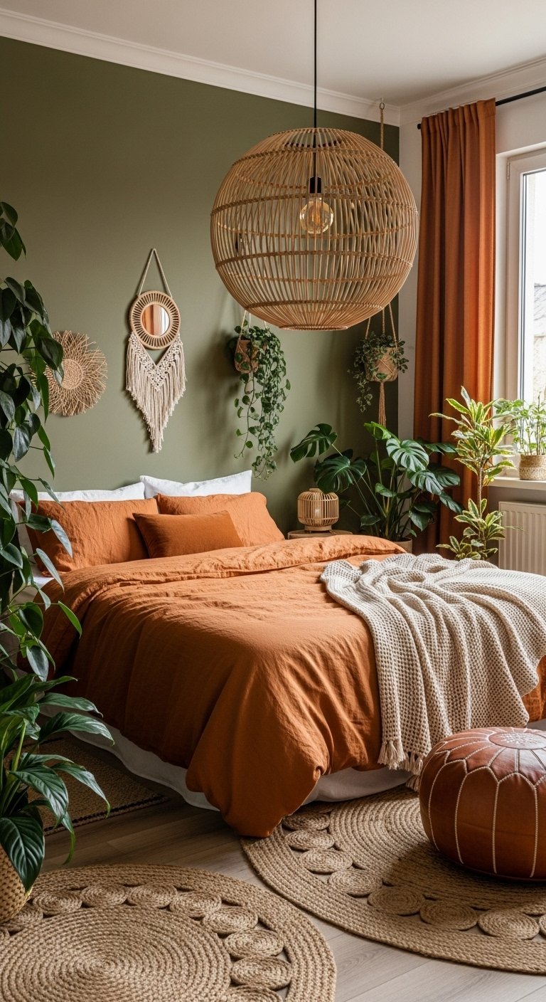 Chambre bohème avec mur vert olive et parure de lit couleur terracotta