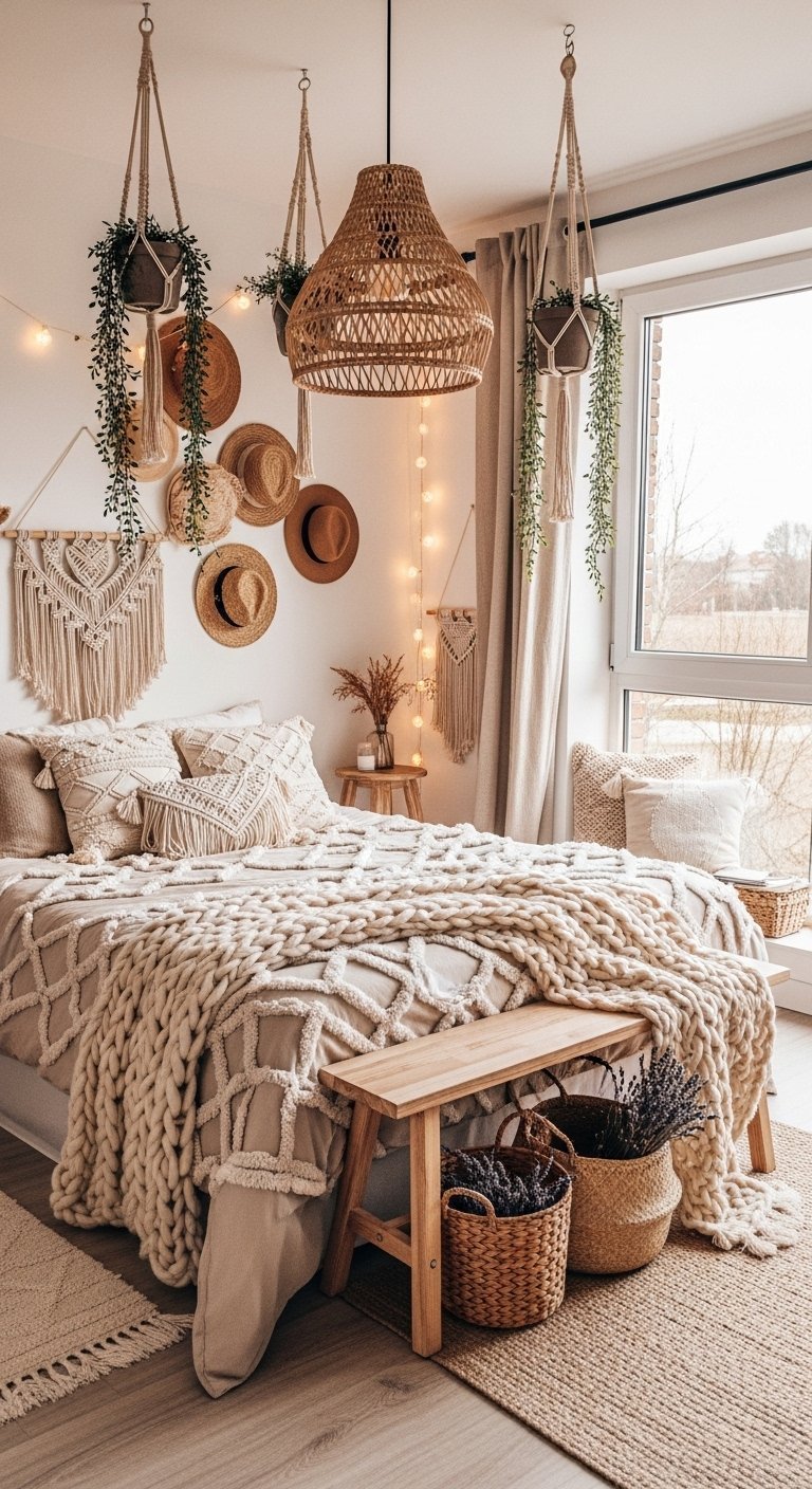 Chambre bohème avec plaid en grosses mailles et chapeaux de paille au mur