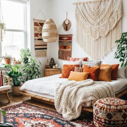 Chambre bohème avec tapis ethnique coloré et tentures murales
