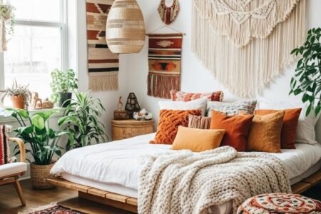 Chambre bohème avec tapis ethnique coloré et tentures murales