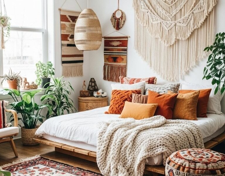 Chambre bohème avec tapis ethnique coloré et tentures murales