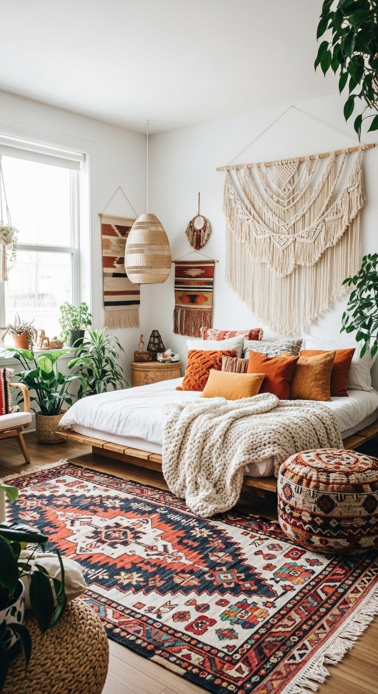 Chambre bohème avec tapis ethnique coloré et tentures murales