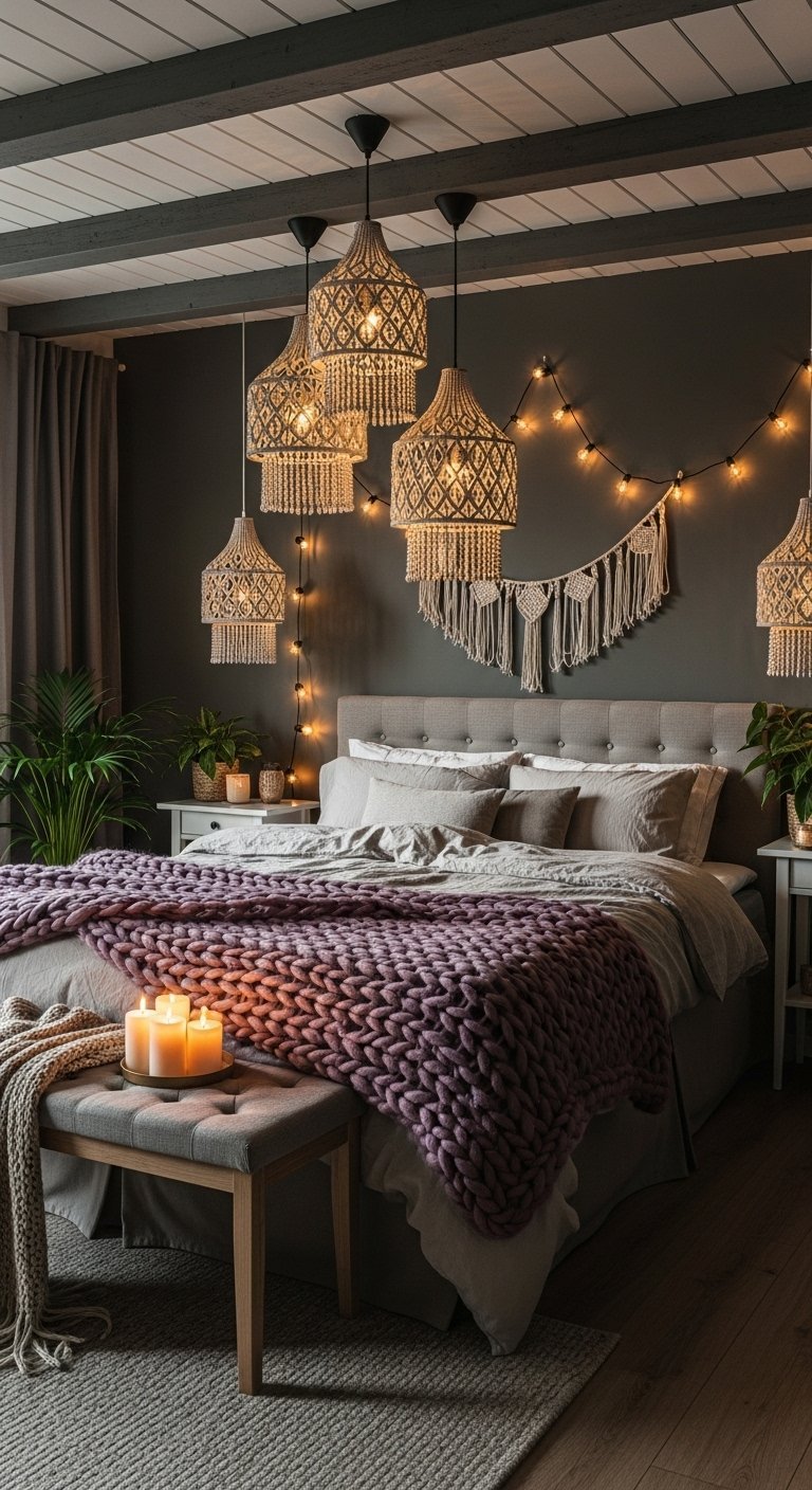 Chambre boheme sombre avec plaid violet et lustres en macrame