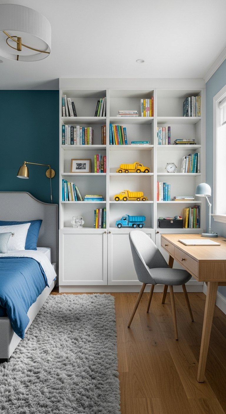 Chambre de garçon avec une grande bibliothèque blanche et un mur d accent bleu canard