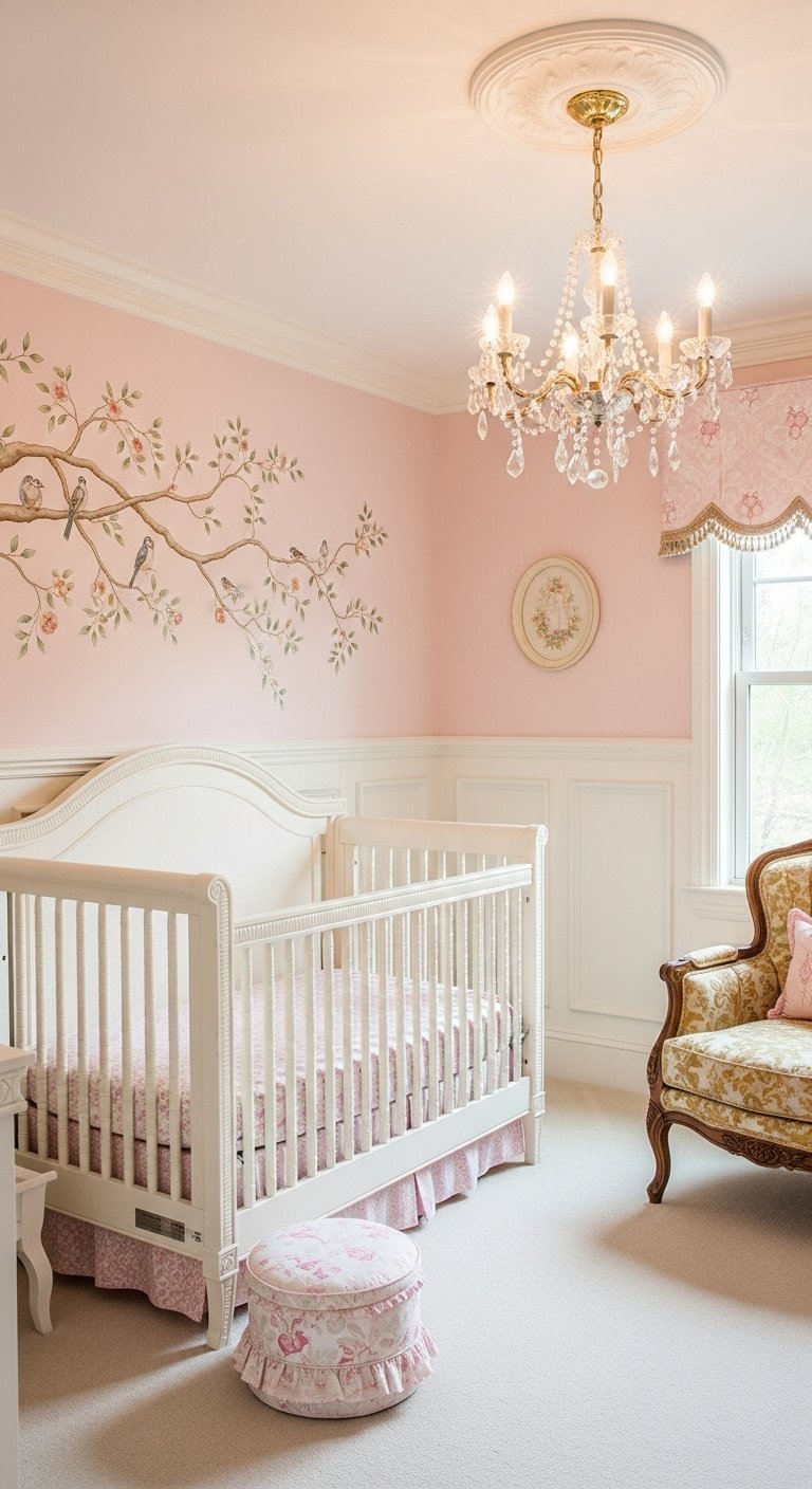 Chambre de princesse rose avec lustre en cristal et fresque arbre