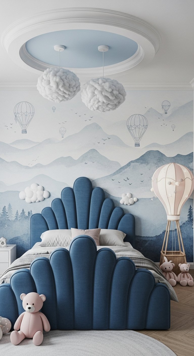 Chambre enfant moderne avec lit coquillage bleu et papier peint montgolfiere