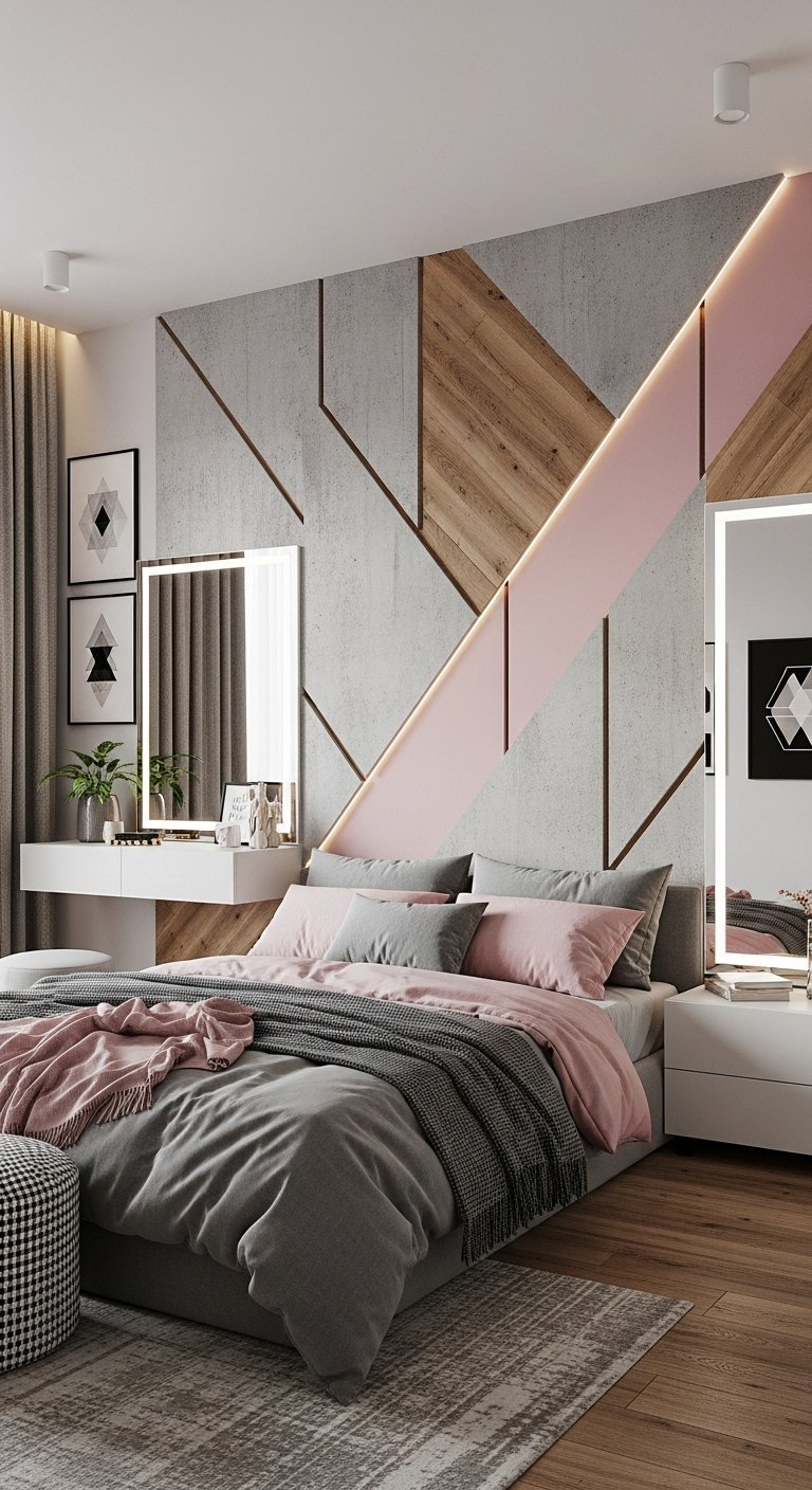 Chambre moderne avec un mur d accent géométrique en béton bois et rose