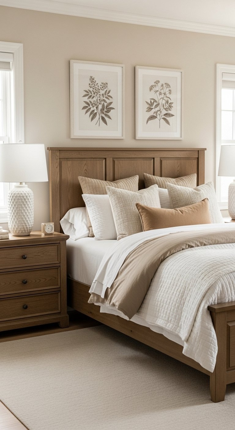 Chambre moderne et classique avec murs creme et mobilier en bois de chene