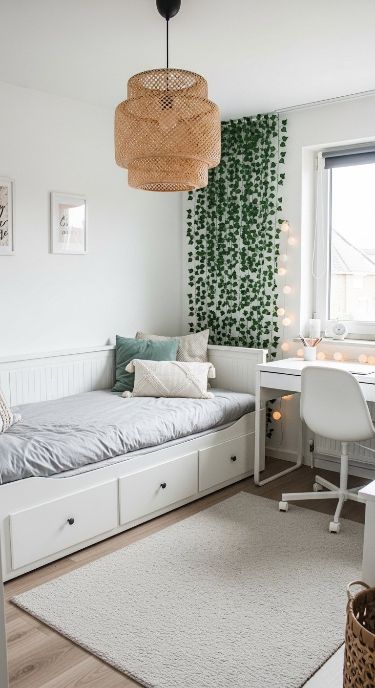 Chambre scandinave lumineuse avec lit banquette blanc et suspension en rotin