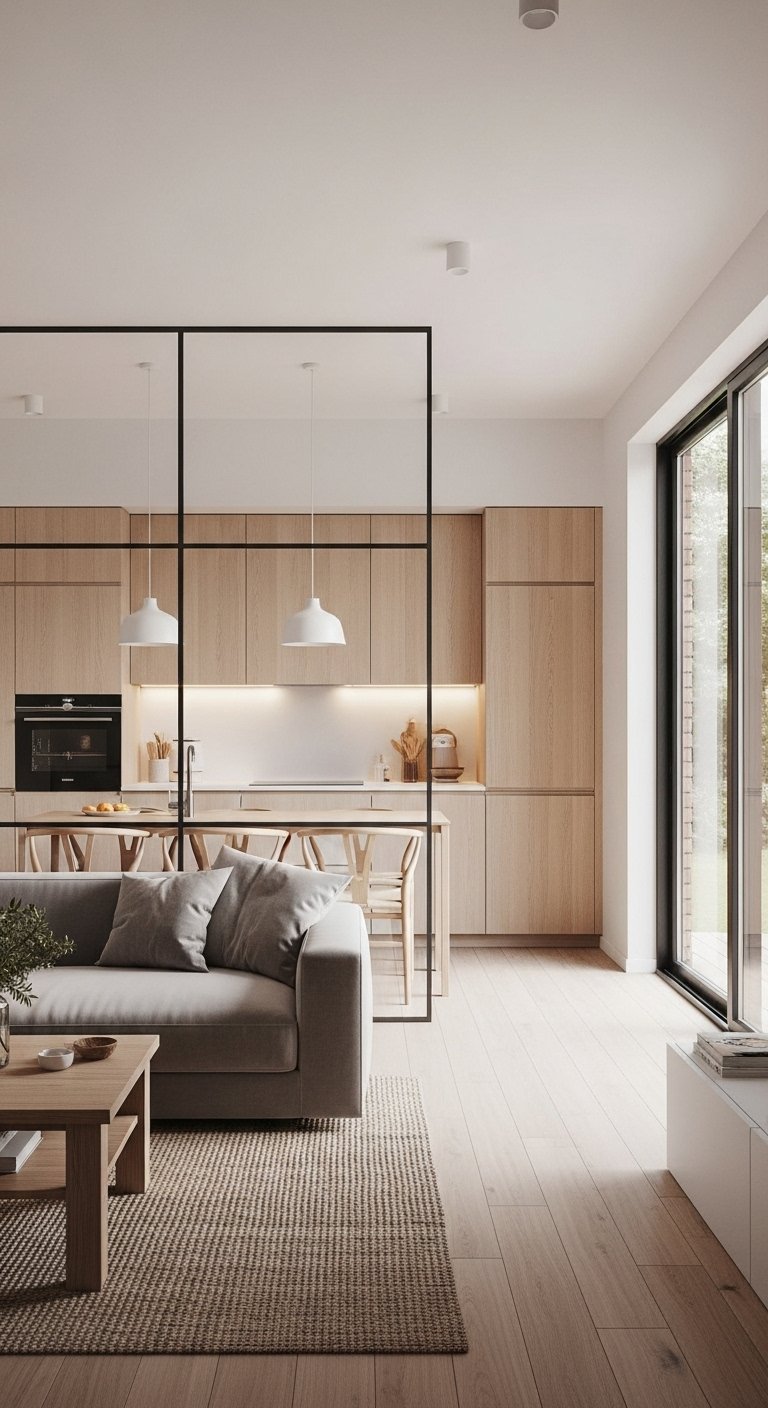 Cloison vitrée minimaliste avec un cadre noir très fin dans un intérieur moderne
