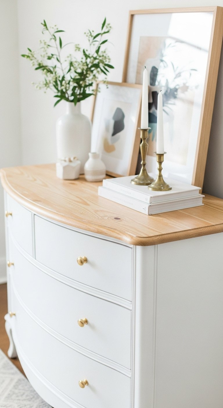 Commode blanche incurvée avec plateau en bois et poignées dorées