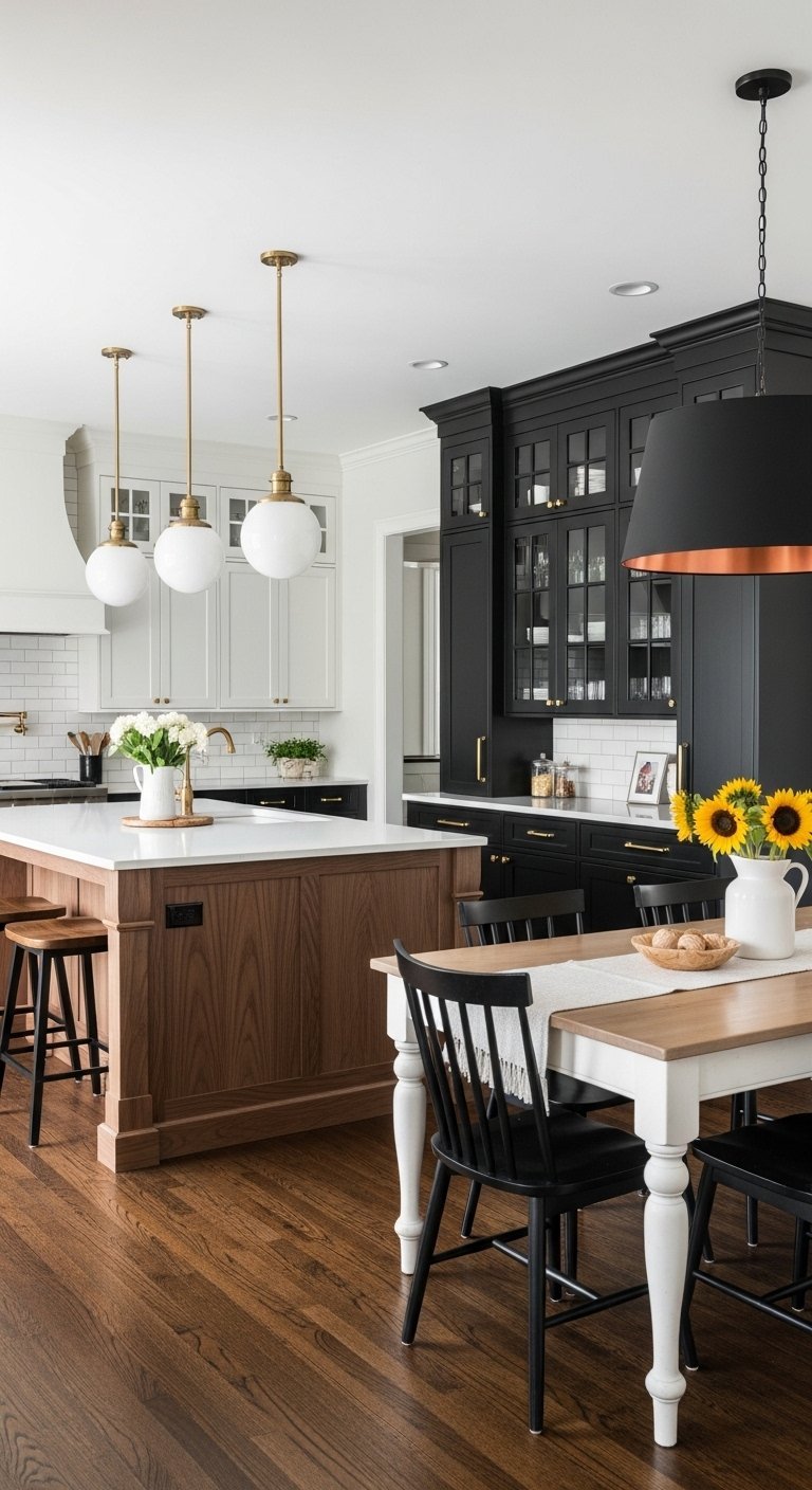 Cuisine campagne chic moderne avec armoires noires et ilot en bois