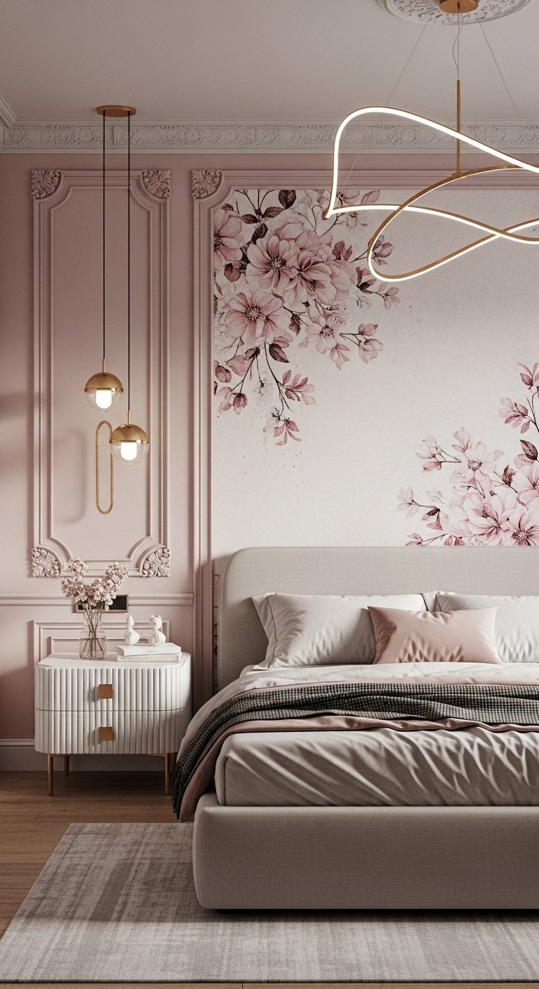 Décoration chambre femme de style parisien avec murs roses à moulures et papier peint floral