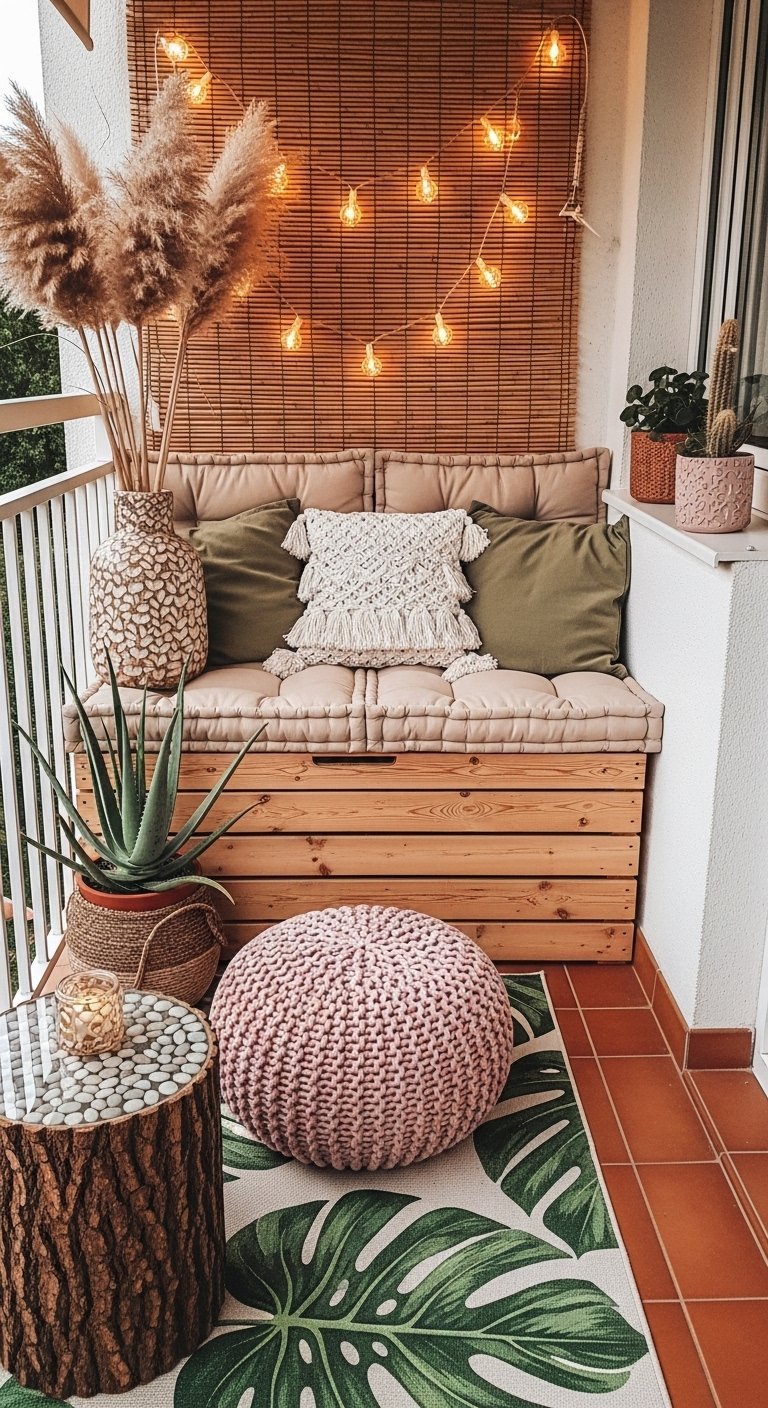 Decoration petit balcon boheme avec banquette coffre en bois et pouf rose tricote