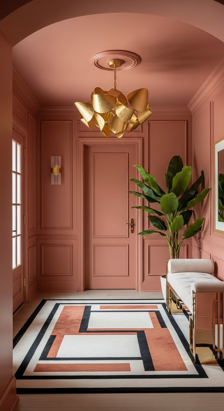 Entree en total look terracotta avec moulures et lustre dore