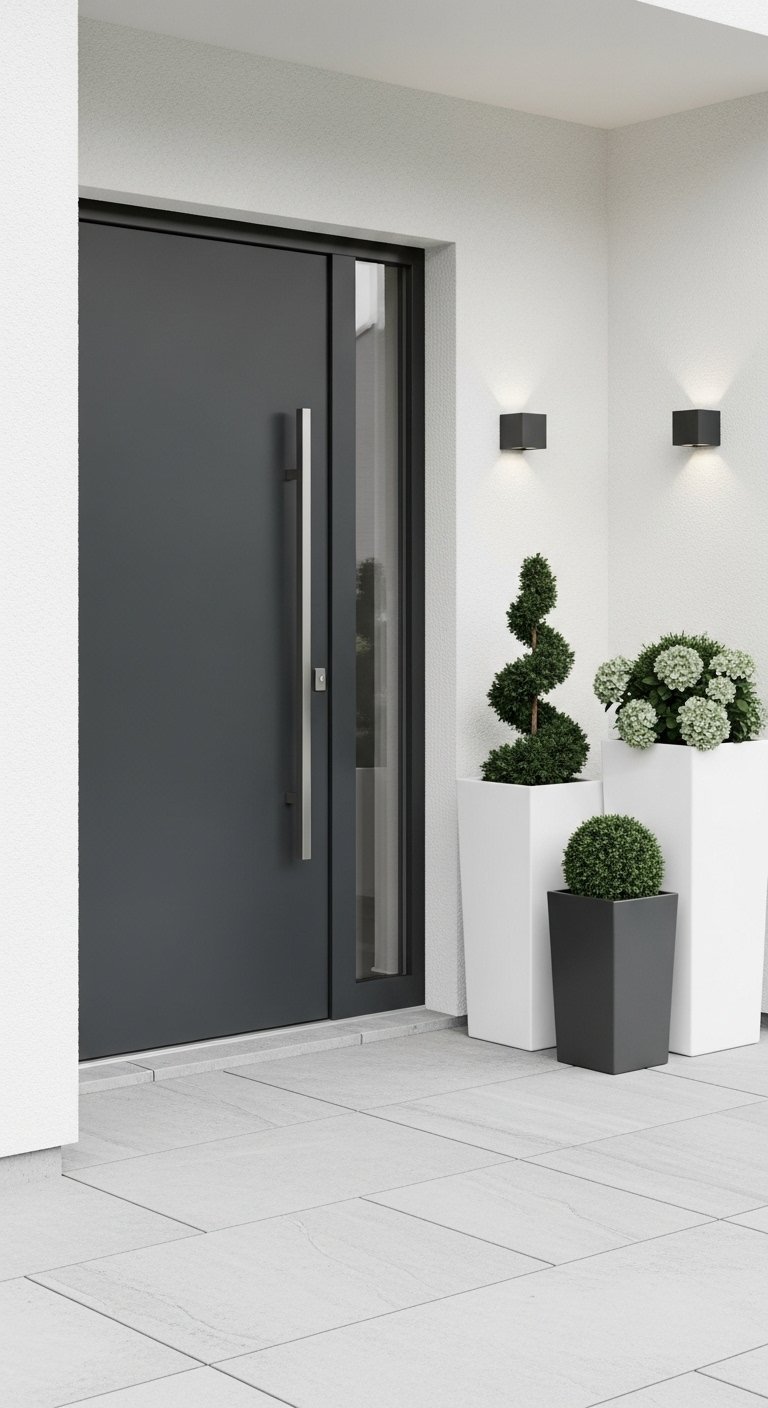 Entree exterieure avec doubles portes noires et couronnes de buis