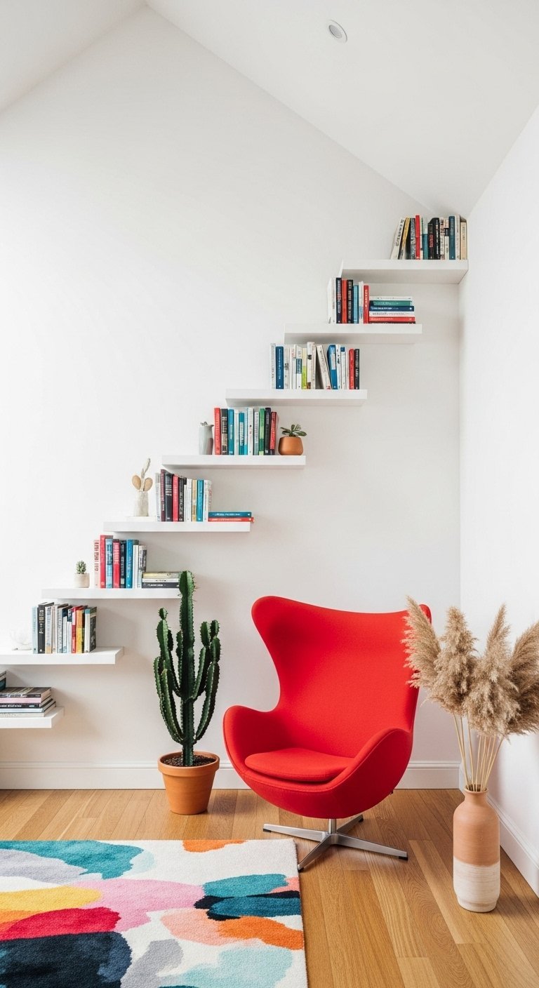 Étagères flottantes blanches disposées en escalier sur un mur à côté d un fauteuil rouge