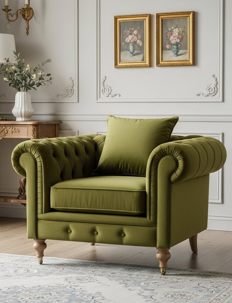 Fauteuil Chesterfield classique en velours vert olive avec un capitonnage profond