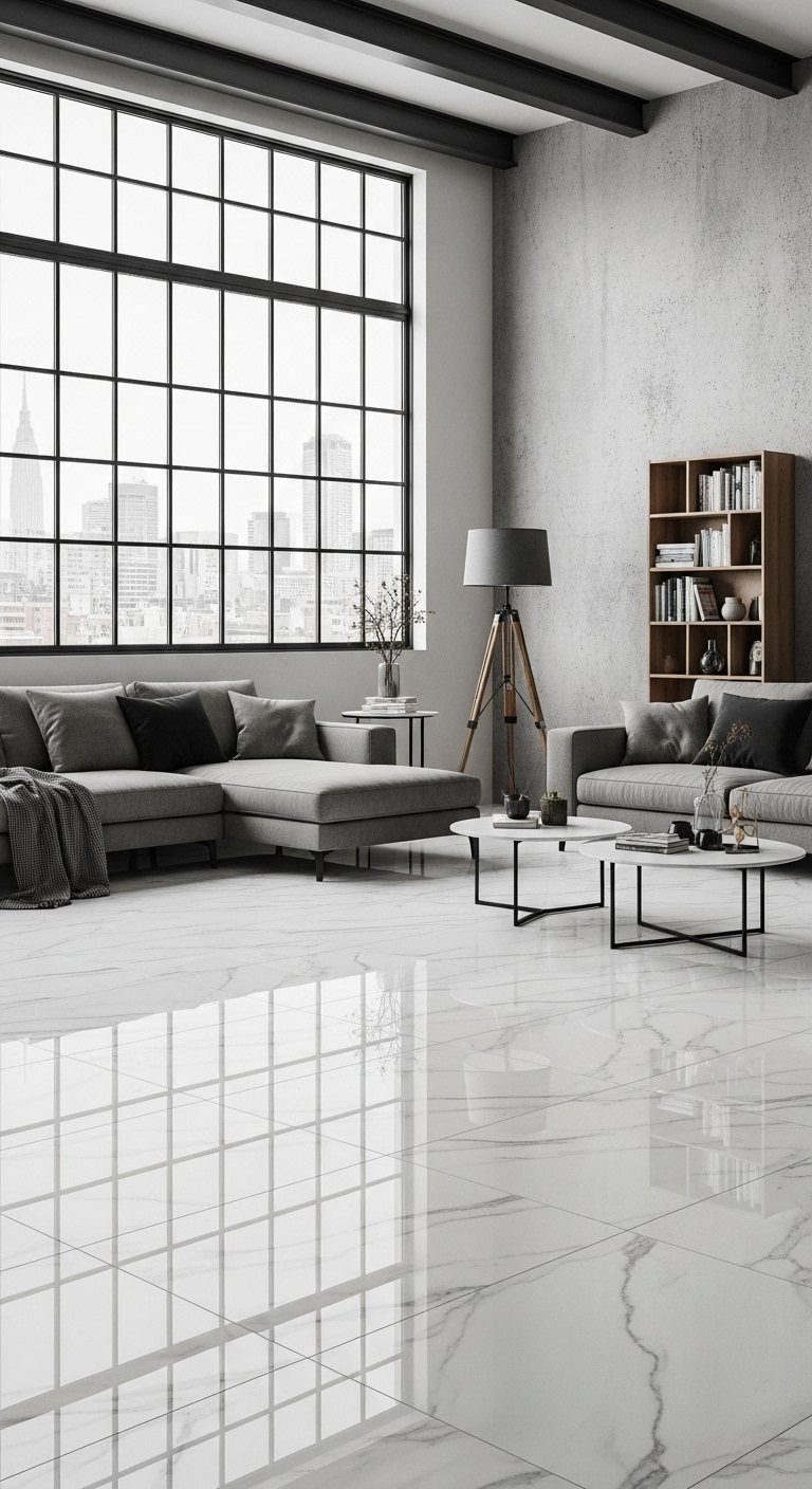 Grand carrelage blanc poli effet marbre dans un salon style loft industriel