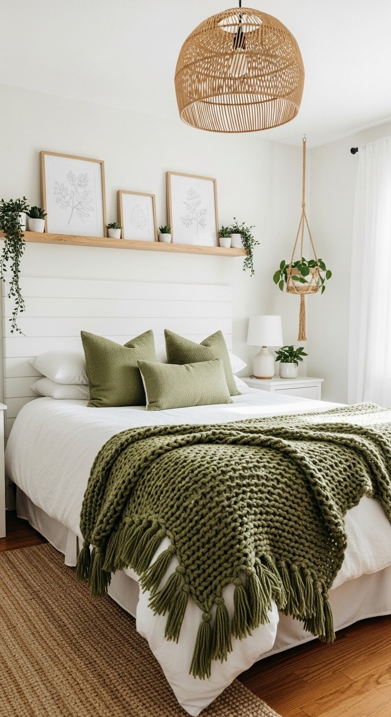 Lit avec tête de lit blanche et parure de lit vert olive