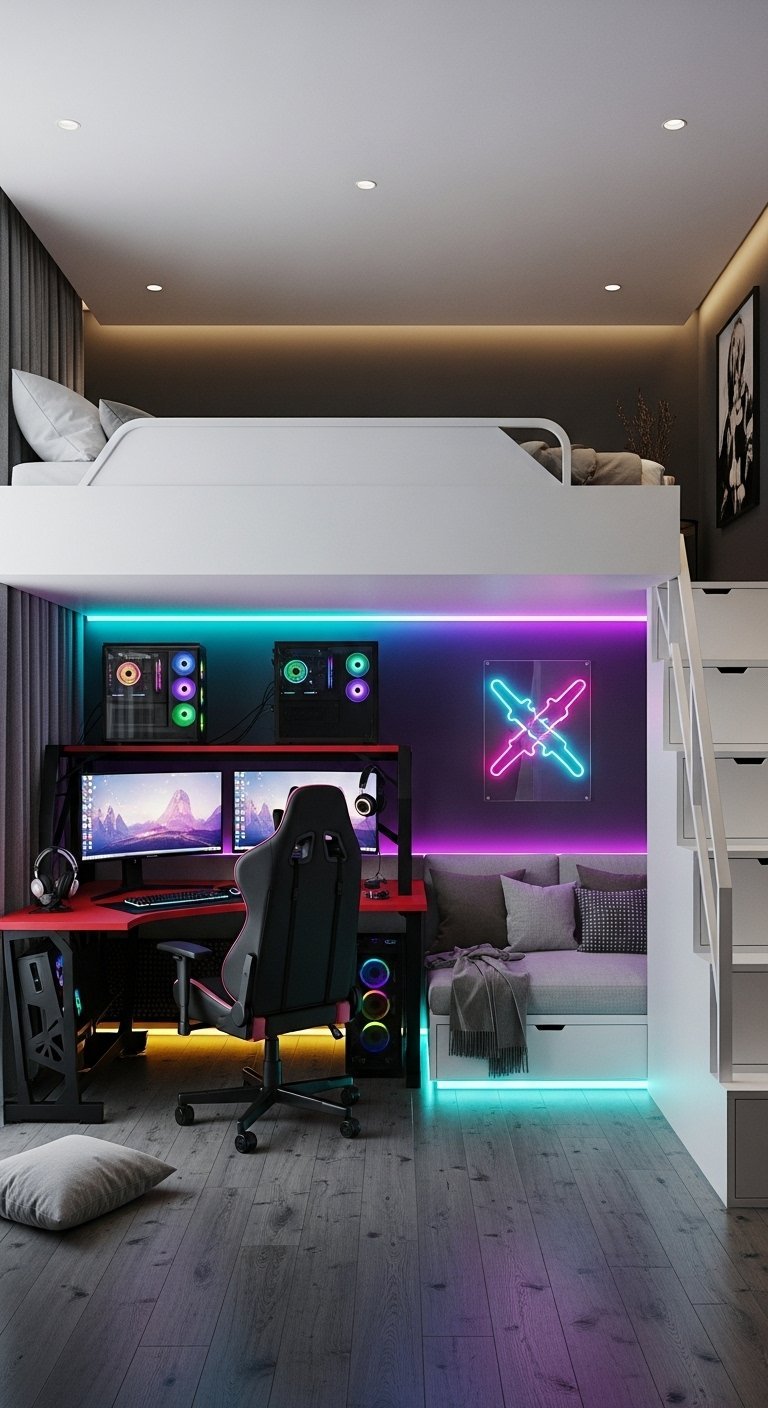 Lit mezzanine blanc avec un setup de gaming complet en dessous et éclairage néon