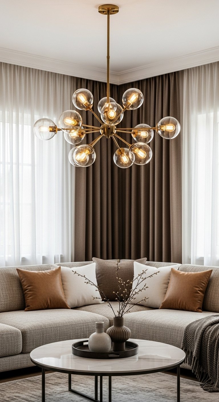 Lustre spoutnik en laiton avec globes en verre transparent