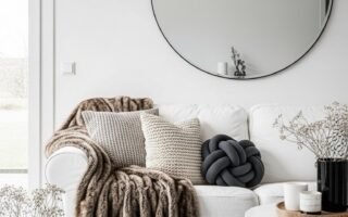 Miroir circulaire surdimensionné avec un fin cadre noir dans un salon scandinave