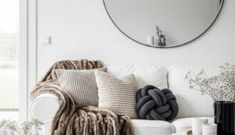 Miroir circulaire surdimensionné avec un fin cadre noir dans un salon scandinave