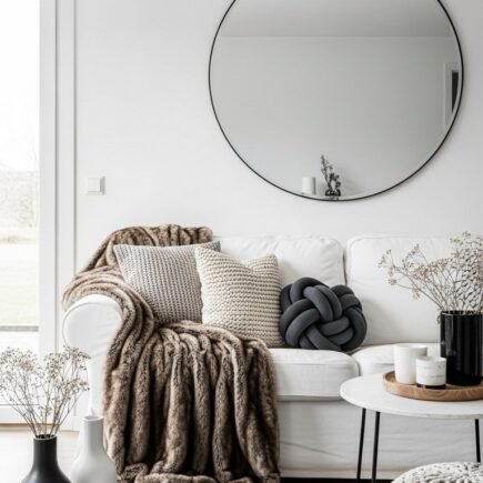 Miroir circulaire surdimensionné avec un fin cadre noir dans un salon scandinave