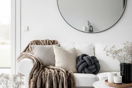 Miroir circulaire surdimensionné avec un fin cadre noir dans un salon scandinave