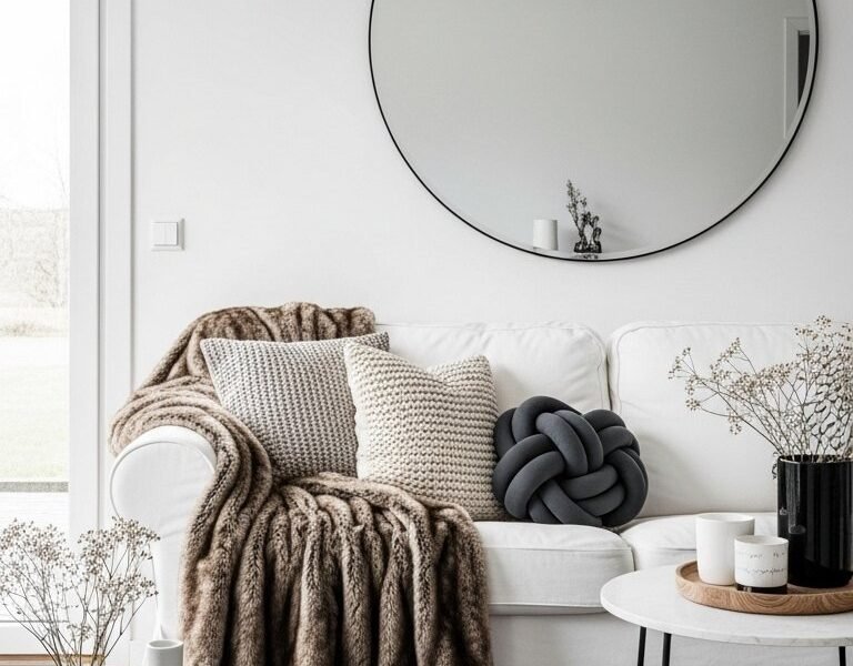 Miroir circulaire surdimensionné avec un fin cadre noir dans un salon scandinave