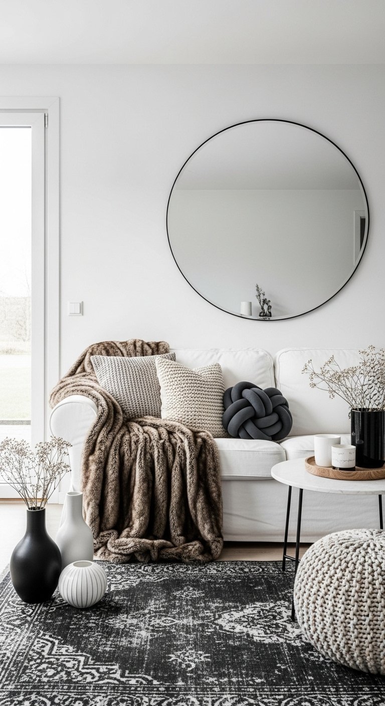 Miroir circulaire surdimensionné avec un fin cadre noir dans un salon scandinave